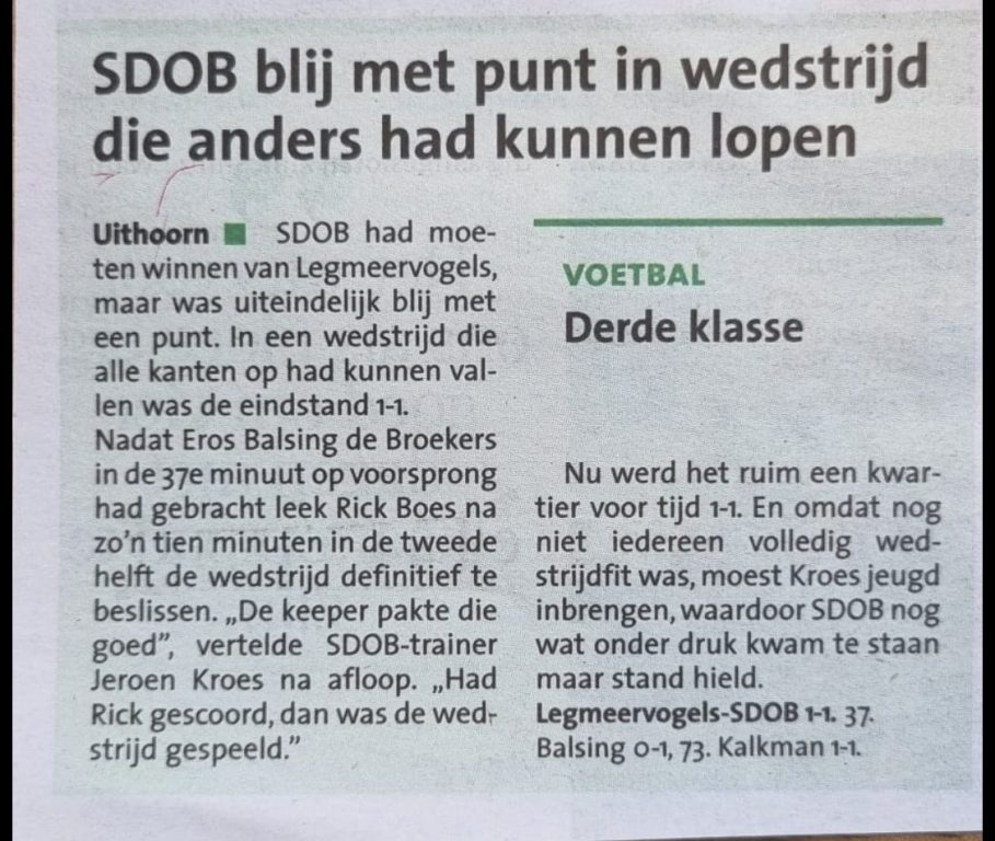 Sdob SDOB blij met punt tegen Legmeervogels | SV SDOB