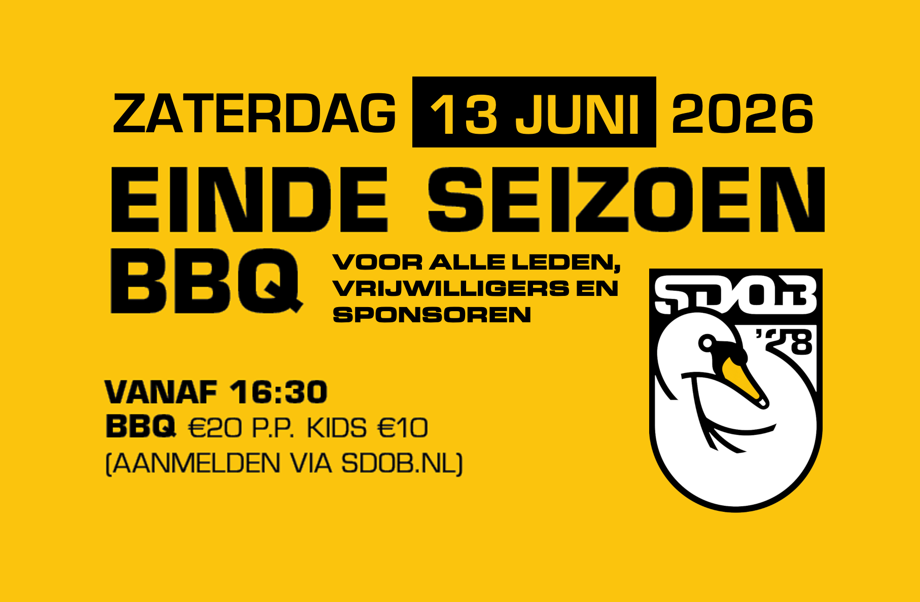 Seizoensafsluiting SDOB met BBQ op zaterdag 13 juni